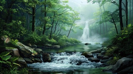 Obraz premium River landscape in wooded area