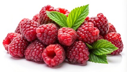Heap of perfect raspberries with leaves is lying on a white background