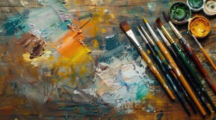 Fototapeta premium Professional watercolor painting tools on a vibrant antique table