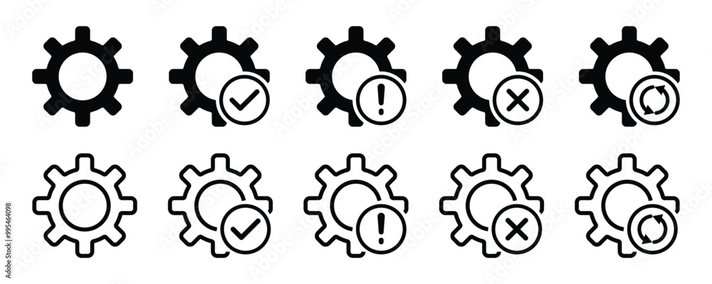 Poster settings icon set. cogwheel symbol with tick, cross, warning and sync sign. setting icon for app, ui