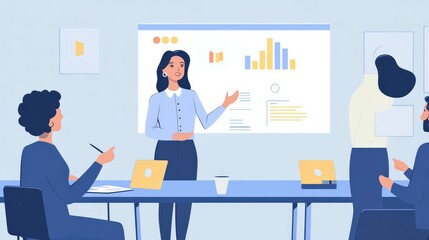 A female CEO leading a company meeting, confidently presenting growth strategies and financial reports