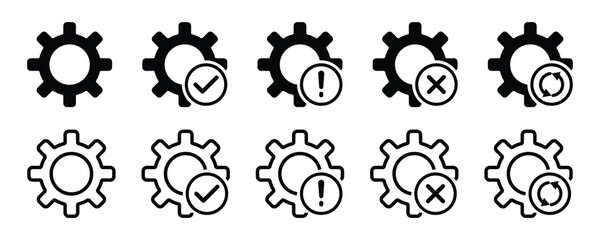 settings icon set. cogwheel symbol with tick, cross, warning and sync sign. setting icon for app, ui and website. transparent png and vector illustration.