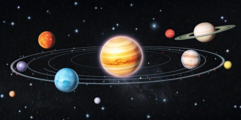 Solar system illustration with vibrant planets and stars.