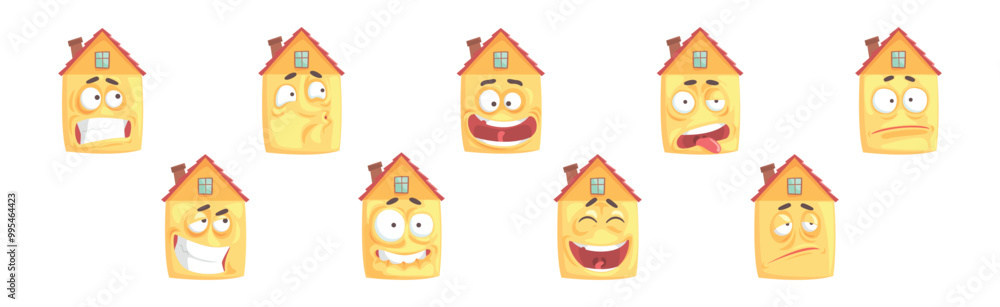 Poster humanized house funny building character with various face expression vector set