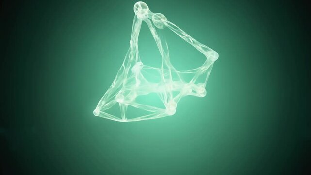 A glowing protein model twists and folds in a three-dimensional shape against a soft green molecular background, representing a scientific visualization of molecular processes