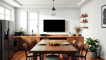 Contemporary home kitchen featuring a dining table, a TV display, a window, and an adaptable mock-up wall.