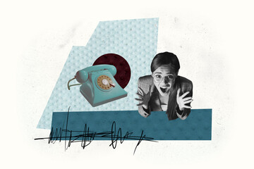 Creative collage picture young woman scream shout telephone landline vintage dial number support call center overloaded panic