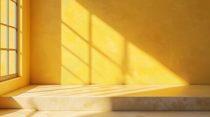 A 3D studio background for showcasing products. podium, yellow wall, and floor. Tabletop in the window's natural light. An illustration template featuring a kitchen countertop