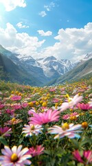A field of flowers with a blue sky in the background