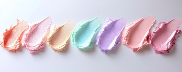 Obraz premium A flat-lay of pastel iridescent highlighter swatches, shifting from pink to blue, creating a holographic effect.