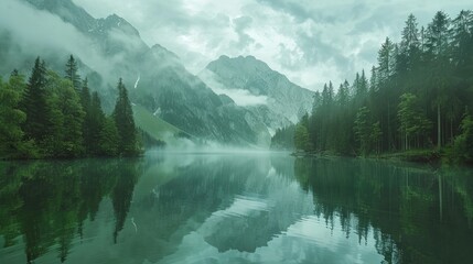 Naklejka premium Mountainous Green Lake Scenery