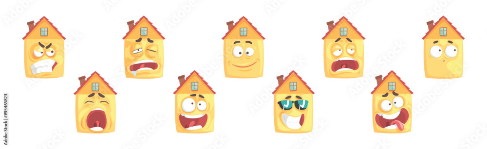 Aufkleber humanized house funny building character with various face expression vector set