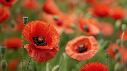 Selective focus on blooming poppy