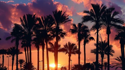Obraz premium Palm tree silhouettes during sunset with a classic touch