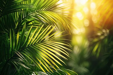 Palm Leaves Illuminated by Sunlight in a Lush Tropical Forest