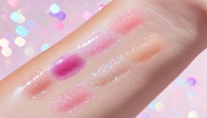 Fototapeta premium A forearm displaying glitter lip gloss swatches in shades of pink, peach, and gold, each sparkling under direct light.