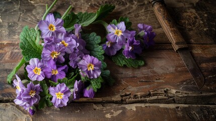 Primula flowers displayed on a wooden desk