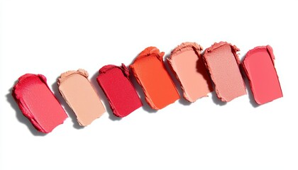 A gradient of cheerful blush swatches, transitioning from soft coral to bright pink, with a radiant glow for a fresh, happy look.
