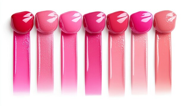 A gradient of Cool Pink lip gloss swatches, blending seamlessly from light to bold pink, with glossy finishes creating a radiant shine.