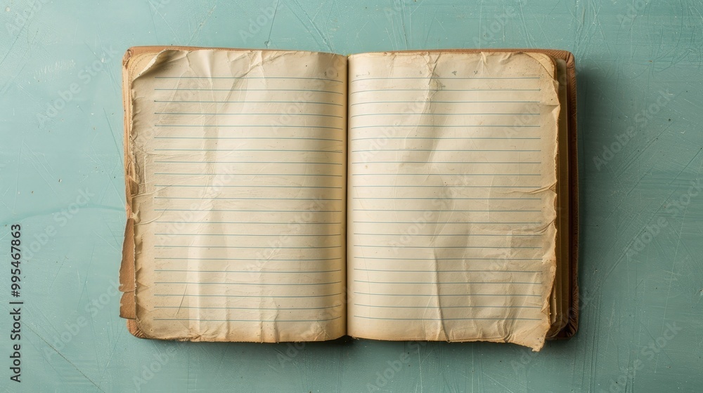 Fototapete Overhead view of open notebook with empty page and lined paper background