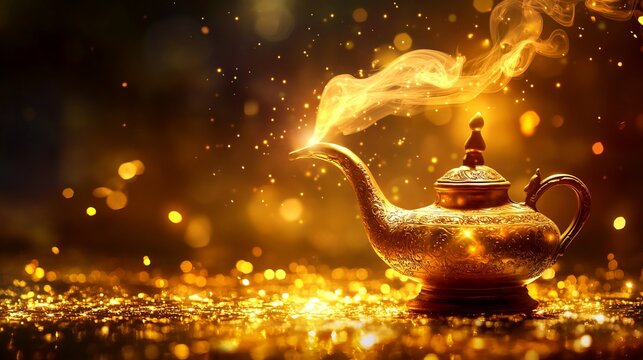 Illuminate your dreams with this enchanting magic lamp, where wispy smoke billows and golden bokeh dances. Conjure wishes and ignite the fires of imagination