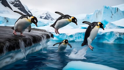 Experience the exhilarating world of penguins as they dive into the stunning blue glacial pools, showcasing their incredible adaptability to one of nature's most challenging environments.
