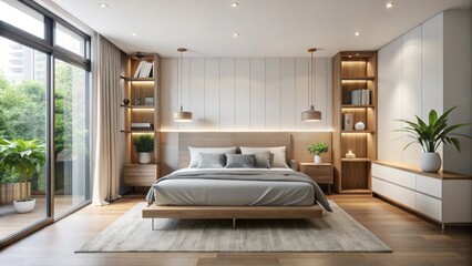 Modern and minimalist bedroom featuring a comfortable bed, wood furniture and large windows offering natural light and a view of the city
