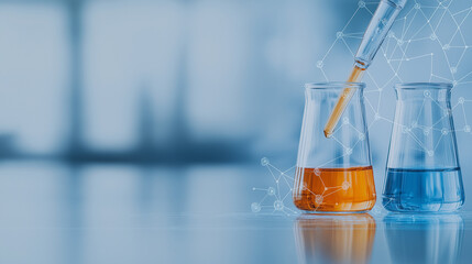 A scientist conducting experiments in a laboratory filled with glassware, tubes, and colorful liquids