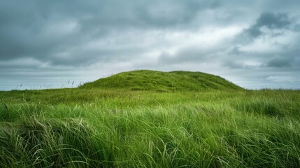 Overcast sky above tall grassy mound Room for text