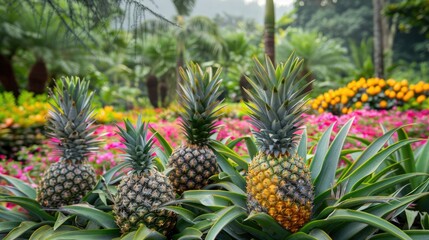 Pineapples with numerous spines thrive in the garden