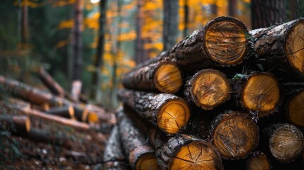 Pile of stacked pine logs in the forest