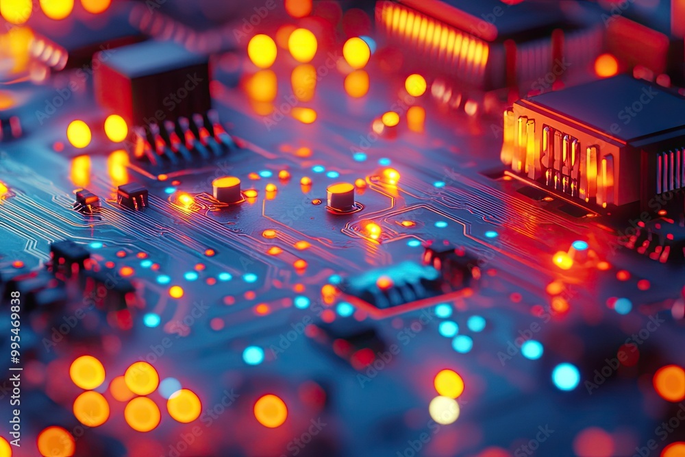 Poster a close-up of a circuit board with bright leds. this photo represents the complexity and intricate w