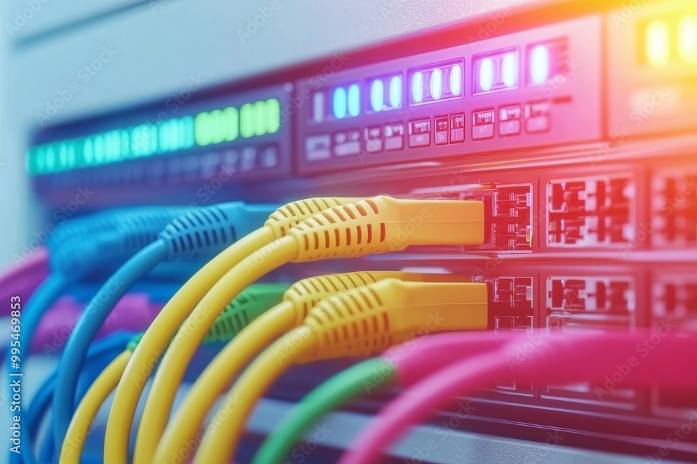 Poster glowing pink and blue ethernet cables connected to a server symbolizing fast data connectivity secur