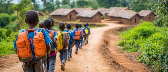 Obraz premium Group of Smiling Children Walking on a Dirt Road