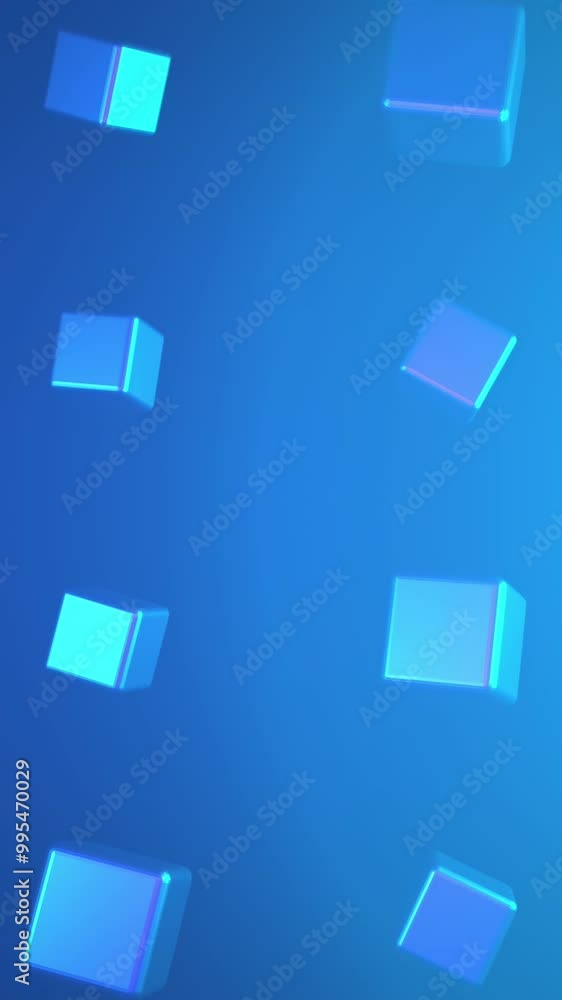 Poster abstract 3d geometric shapes in rows spinning on blue background, seamless loop. animation. small bl