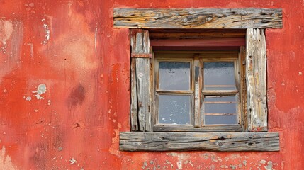 Old wooden window against red concrete wall