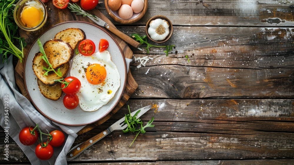 Poster Ideal morning meal presentation on a rustic wooden background viewed from above
