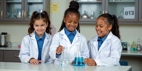 Fototapeta premium Diverse Group of Female Students in Lab Coats Conducting Chemistry Experiments