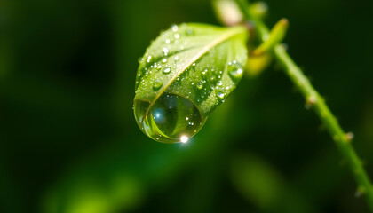 Close-up of raindrops on leaf and blurry background.