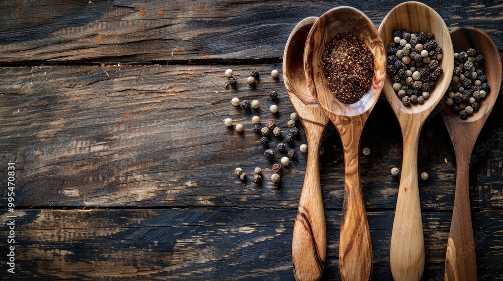 Poster image of peppered spoons on wooden surface with room for text