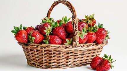 Ripe strawberries in a basket on white background