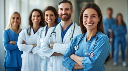 Fototapeta premium A group of smiling healthcare professionals in scrubs and lab coats, standing confidently in a hospital setting.