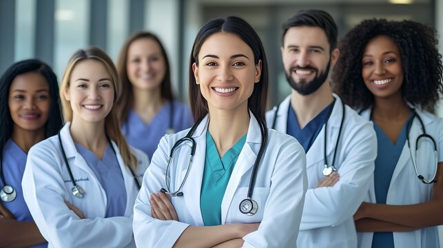 A diverse group of doctors and medical professionals smiling confidently, symbolizing teamwork and excellence in healthcare services.