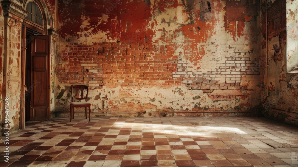 Wall mural interior with aged red brick wall and tiled flooring