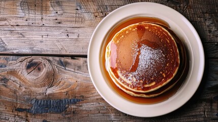 Pancake on white plate with wooden backdrop