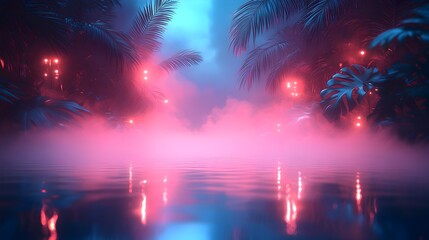 Fototapeta premium Neon-lit Tropical Palm Jungle with Misty Glowing Lights and Dreamy Reflections
