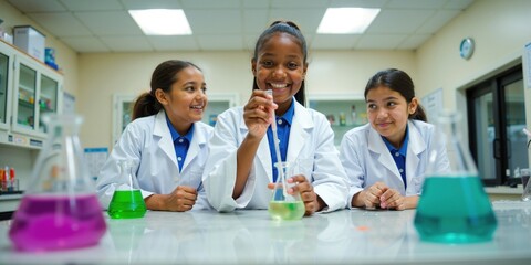 Diverse Group of Female Students in Lab Coats Conducting Chemistry Experiments