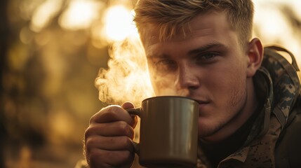 Close-up of a young man in camouflage sipping a steaming hot drink outdoors during a golden sunset.