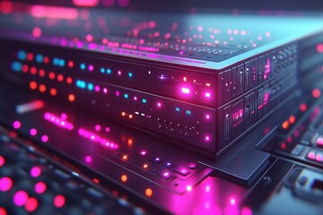 Fototapeta premium Pink and purple glowing servers in a data center symbolizing fast data processing secure connectivity and modern IT infrastructure