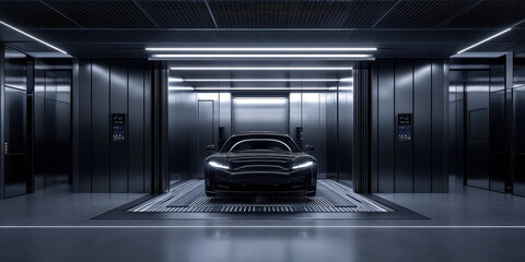 A sleek, modern car elevator within a parking lot, featuring high-tech design, smooth operation, and efficient vehicle transport.